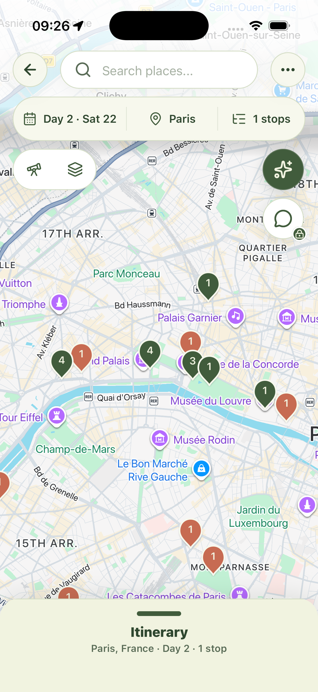 Current SwiftPath Paris itinerary map with day and stop controls